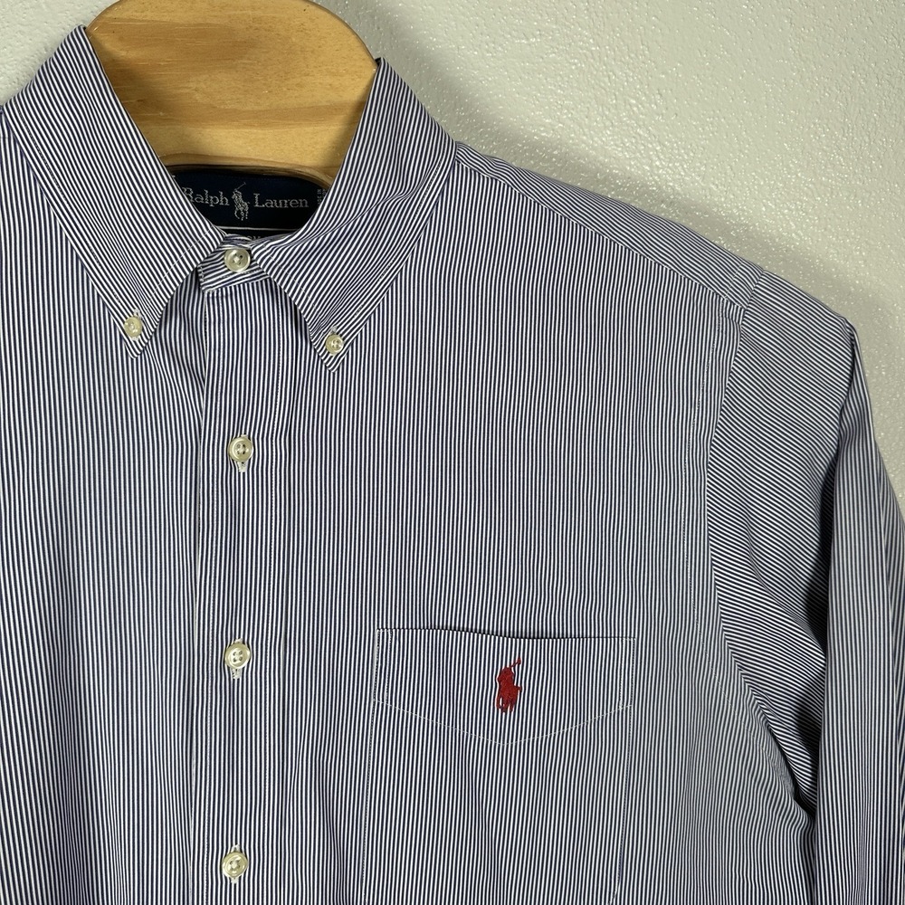 Ralph Lauren Custom Fit Shirt Mens 17/XL Blue Striped Long Sleeve Button Down